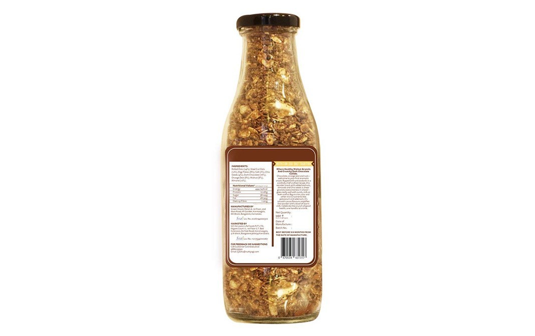 Nutty Yogi Dark Chocolate And Walnut Granola Muesli   Glass Bottle  250 grams
